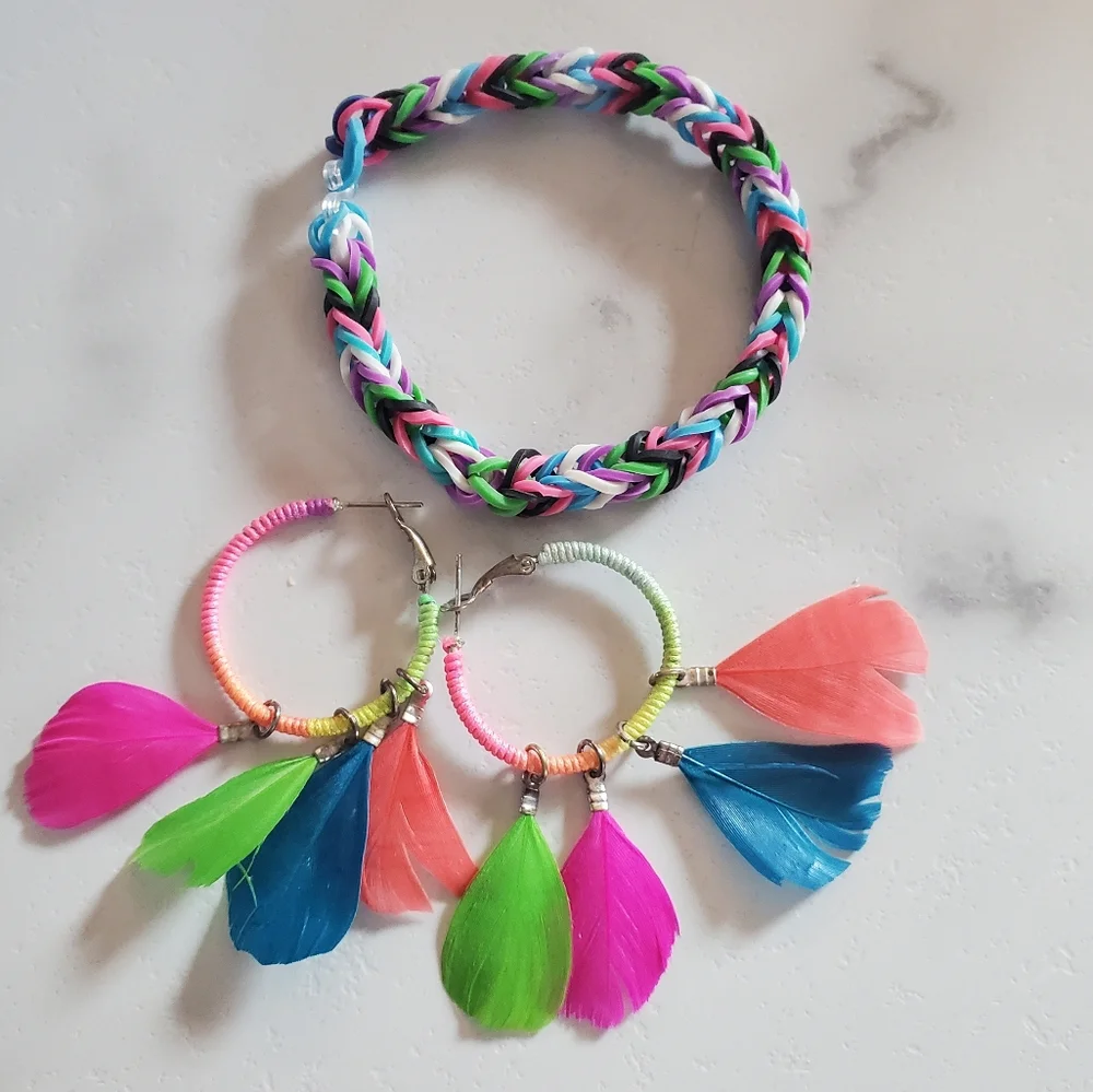 Fun Neon Hoop Feather Earrings & Rubber Band Bracelet Bundle